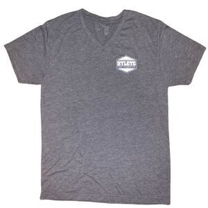 Hylete heathered navy V-neck t-shirt, front logo